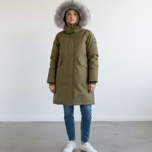 Toboggan Down Olive Green Removable Hood Fur Parka Puffer Coat Jacket Women's XS